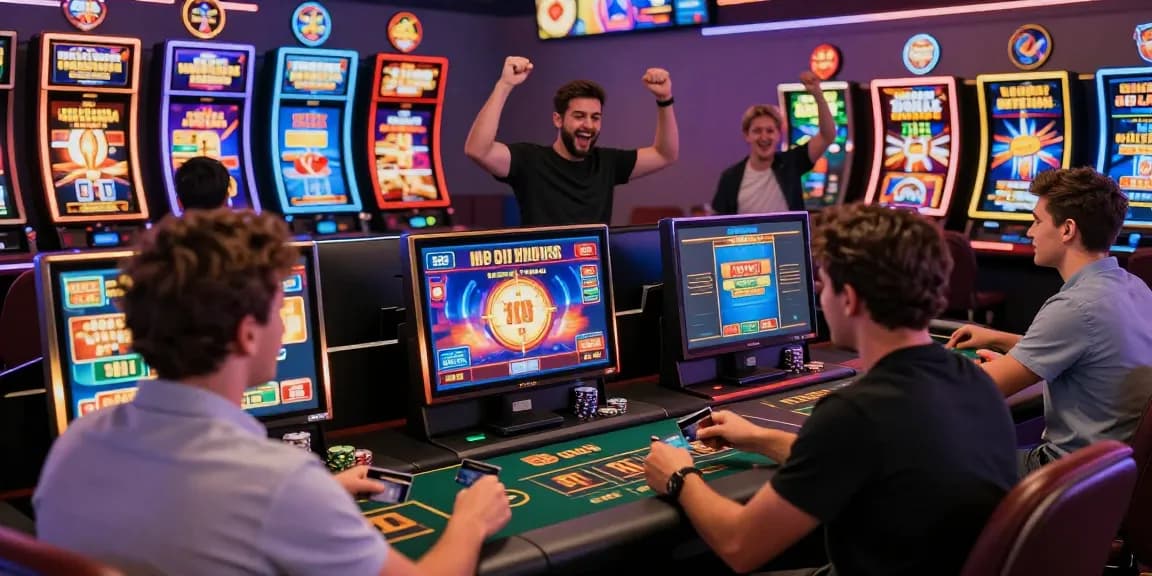 Exciting credit card casino scene at fimltd.co.uk with diverse players engaging in games and using credit cards.