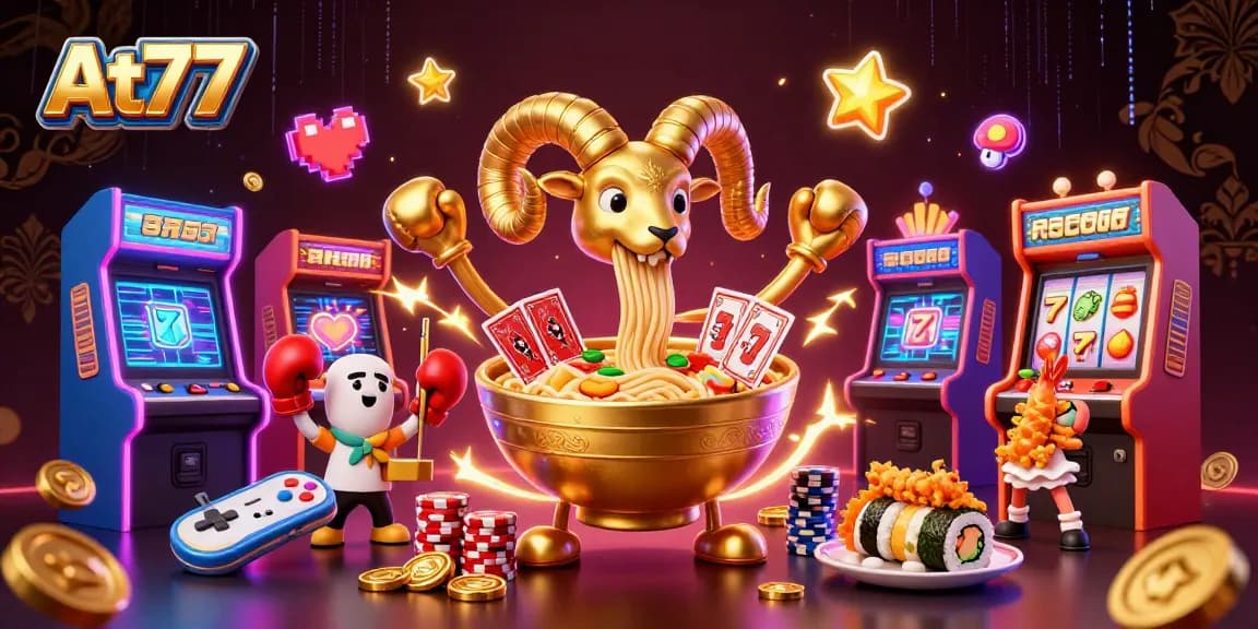 At77 offers a vibrant casino adventure with 3D characters and gaming elements, showcasing an exciting betting atmosphere.