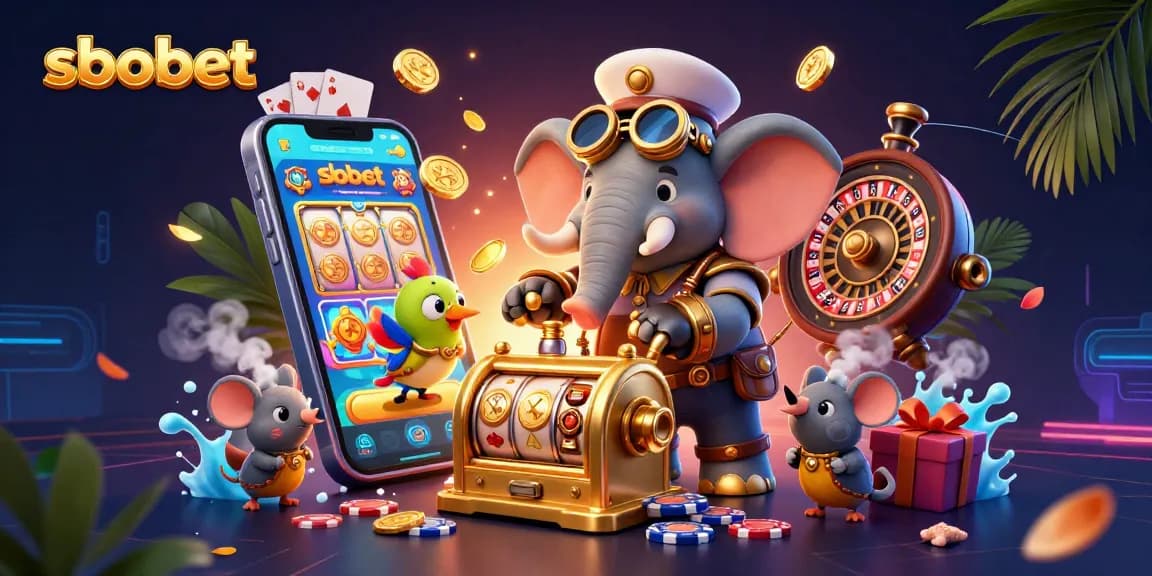 Sbobet offers thrilling gameplay with a steampunk-themed slot machine scene bursting with coins and cards.