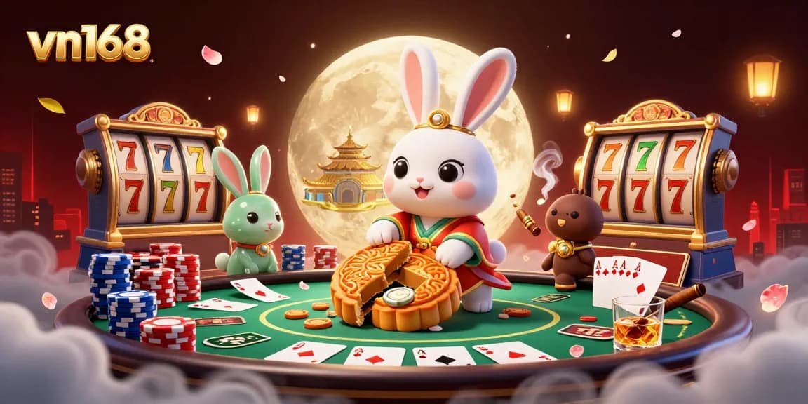 Engage with the vn168 animated casino scene featuring the moon rabbit cracking open mooncakes revealing poker chips.