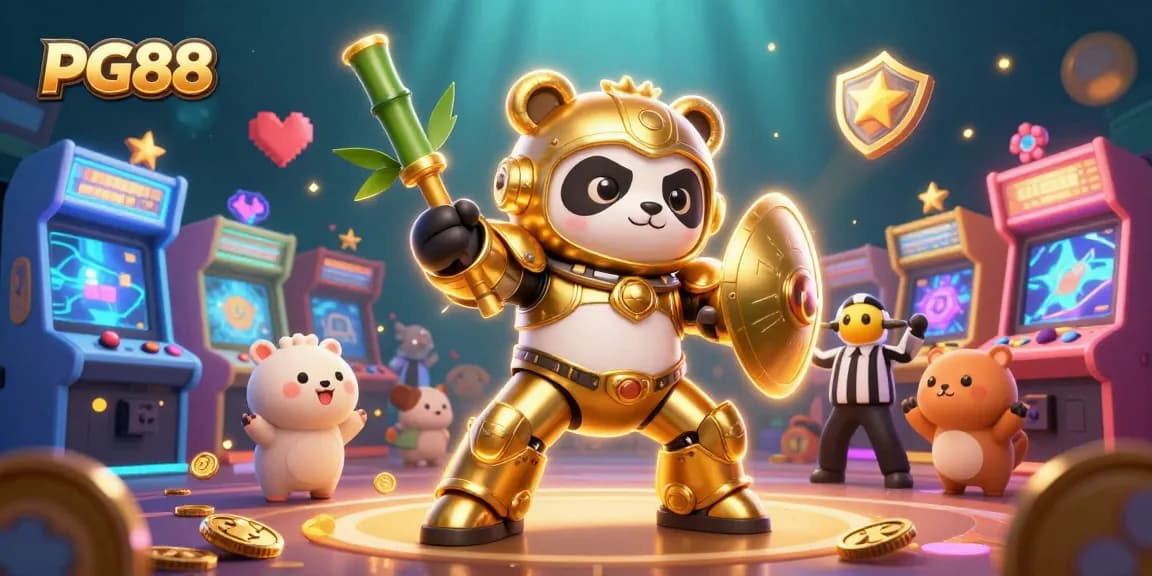 Engage with PG88's vibrant gaming scene featuring a golden panda in a mech-suit amidst an exciting arcade atmosphere.