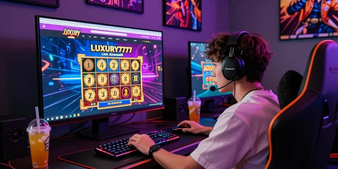 Halaman LUXURY777 Link Alternatif dengan pemain muda yang fokus, dikelilingi aksesori gaming modern.