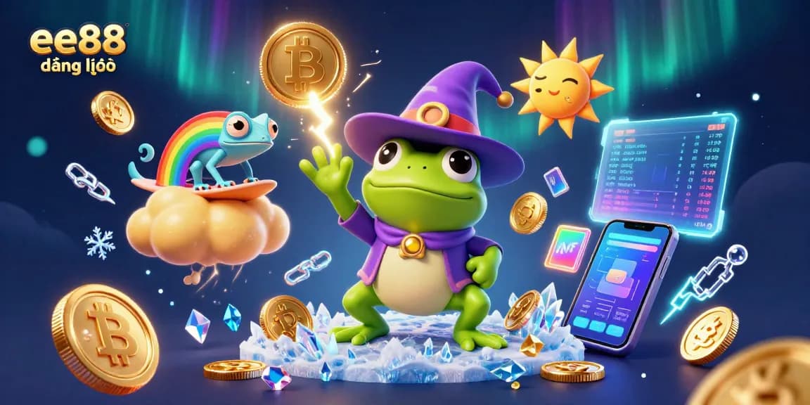 Experience ee88 đăng nhập, featuring a magical scene with vibrant characters creating wealth with coins and crypto elements.