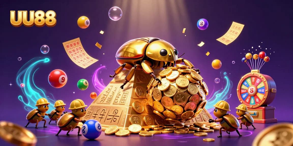 Experience the thrilling world of UU88 with dynamic golden elements and colorful lottery games in vibrant casino scenes.