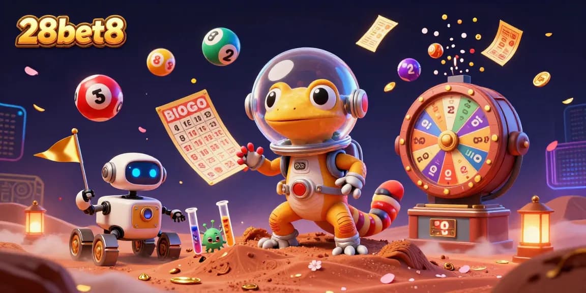 Experience winning thrills with the vibrant and engaging gambling scene of 28bet8, featuring a Martian gecko in a casino.