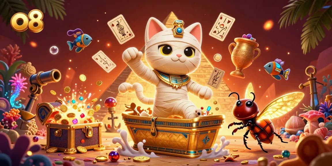 Engage in thrilling gameplay at o8 as a mummy cat and scarab beetle bring adventure to your casino experience.