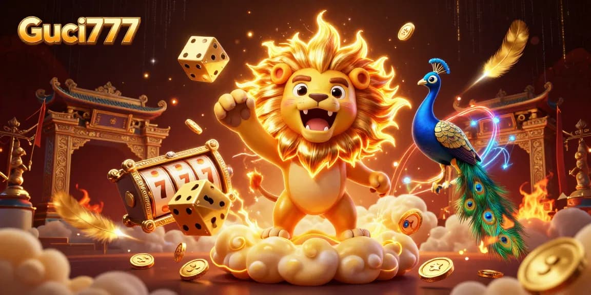 Guci777 menampilkan raja singa bersinar di kasino dengan slot dan uang koin yang berkilau.