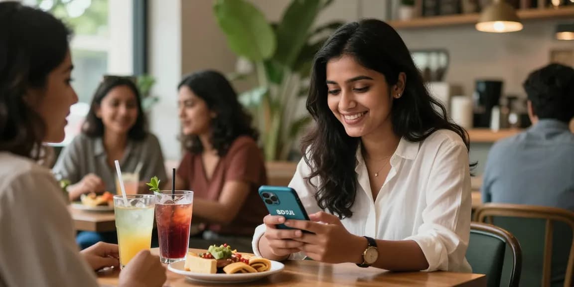 এই ছবিতে https://www.bdtjl.app/ অ্যাপ ব্যবহারকারী তরুণী এক কফি শপে বন্ধুদের সঙ্গে আড্ডা দিচ্ছে।