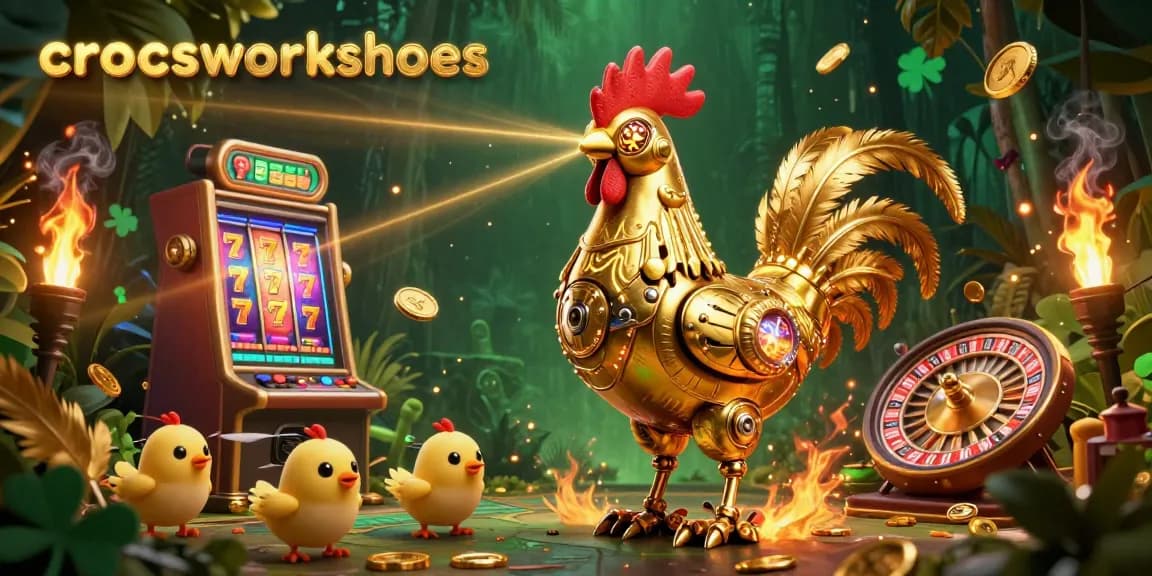 Experience thrilling gameplay with crocsworkshoes in a vibrant jungle casino, featuring a golden rooster robot and a lively slot machine.
