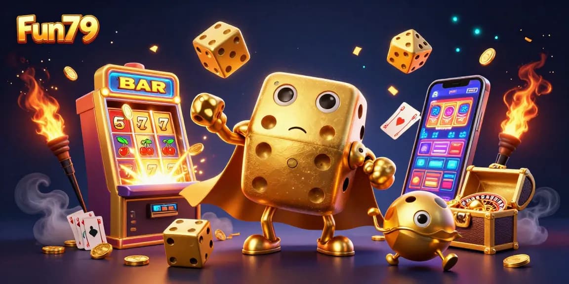 Join the fun at Fun79 with vibrant casino gaming elements and dynamic characters in this action-packed 3D illustration.