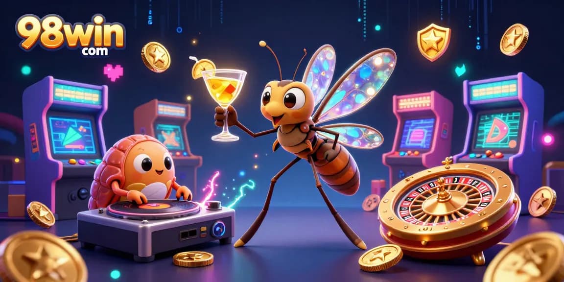 Engage with thrilling gameplay at 98win com, featuring a unique animated casino mascot in vibrant action.