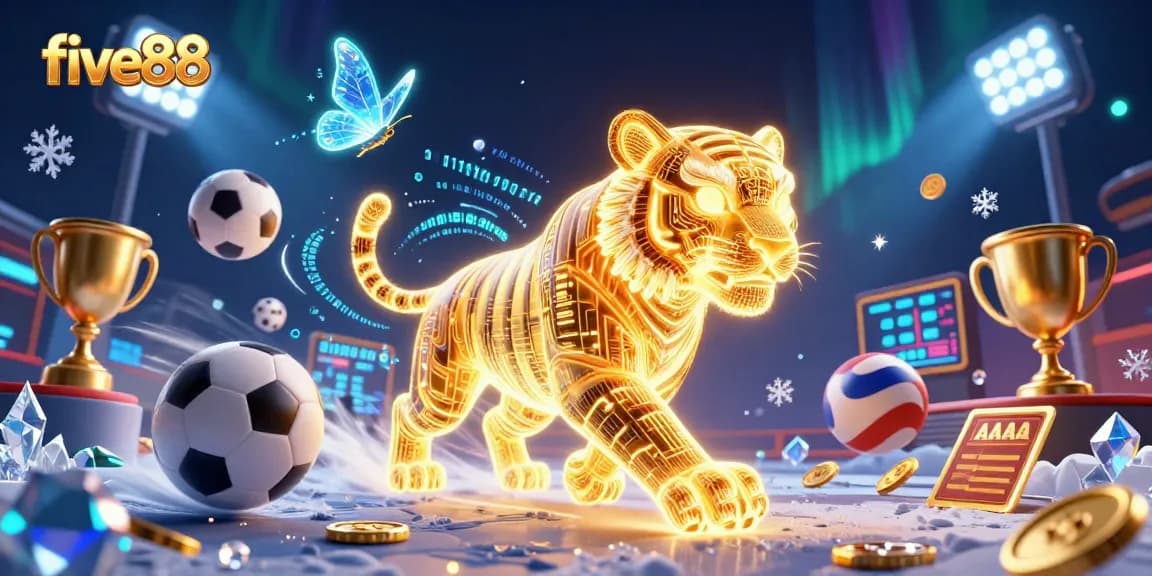 Experience the excitement of five88 with a vibrant digital casino scene featuring a golden tiger and sports elements.