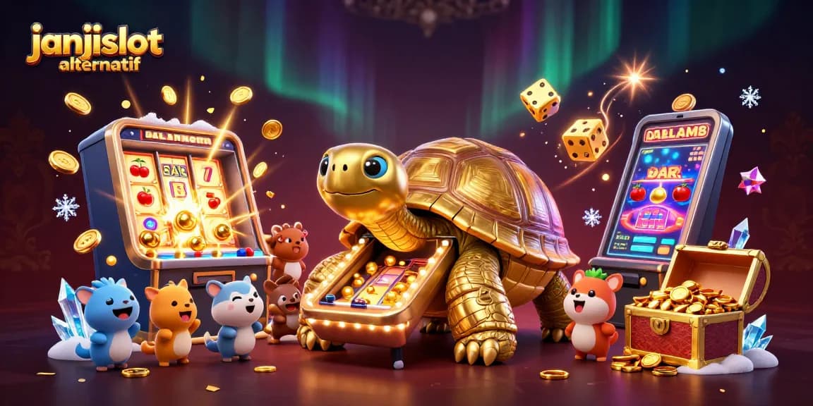 Experience excitement at janjislot alternatif with vibrant slot machines and a playful golden tortoise character.