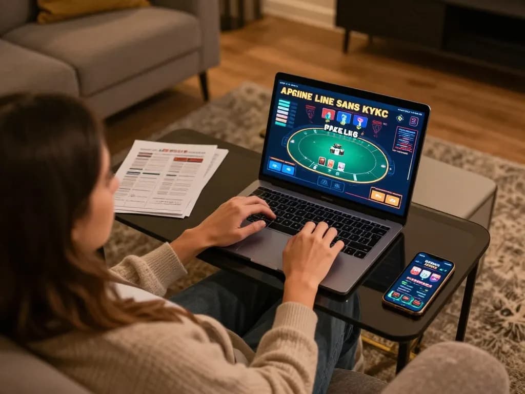 Jouer dans un casino en ligne sans KYC sur un ordinateur portable dans une ambiance cosy à la maison avec des notes de paris stratégiques.