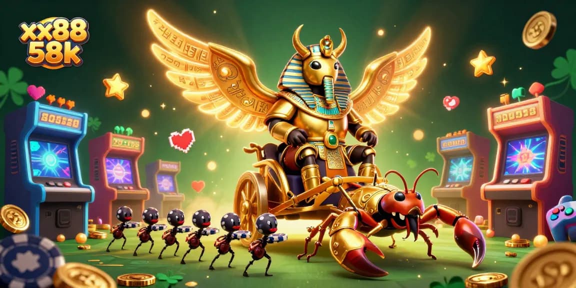 Engage with the vibrant xx88 58k casino scene featuring a golden scarab beetle and jewel scorpions.
