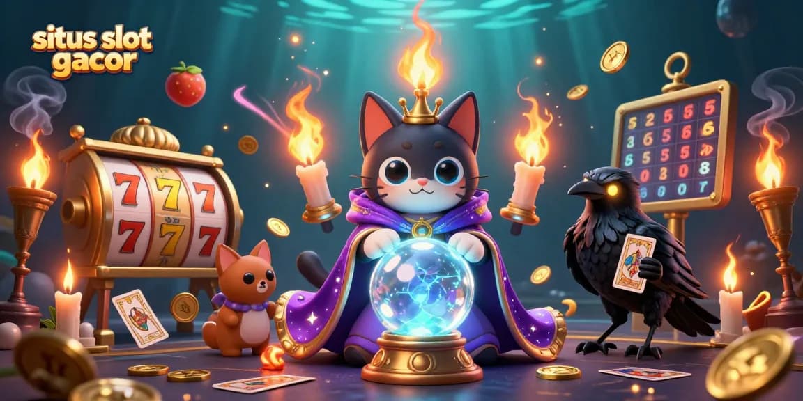 Play exciting situs slot gacor games with a vibrant illustration showcasing dynamic slot reels and mystical characters.