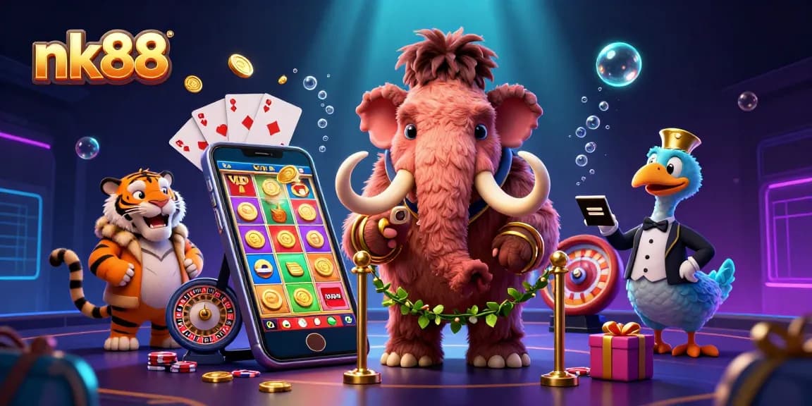 Engage with nk88's vibrant gambling scene featuring animated characters celebrating wins amidst slot games and rich casino elements.
