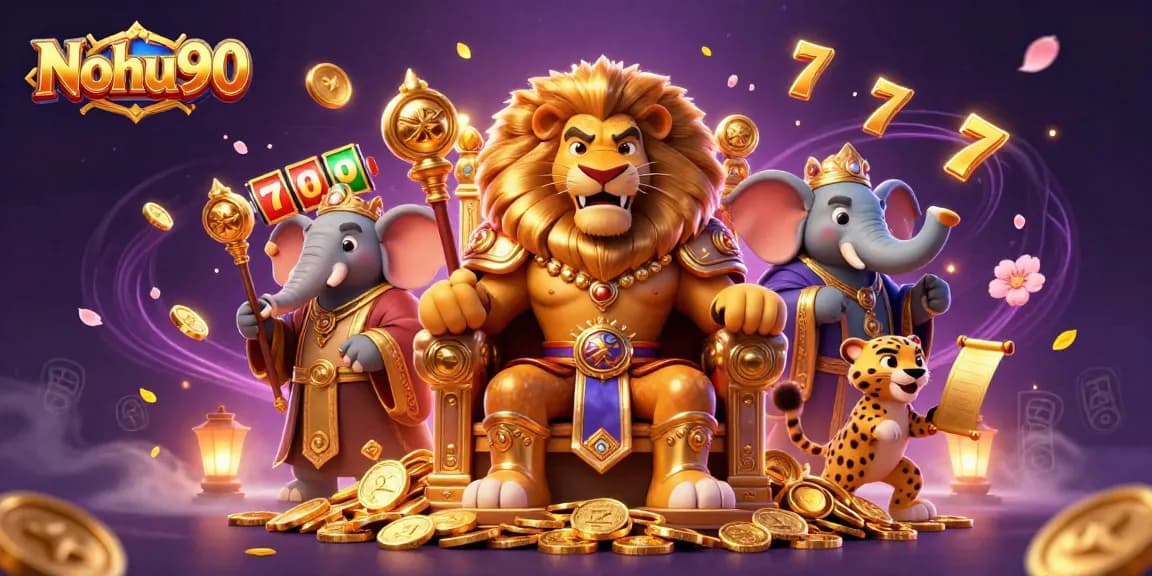 Nohu90 showcases a vibrant 3D scene with a lion king on a throne, vibrant slots and golden jackpots galore.