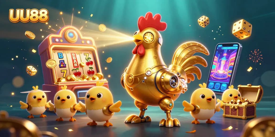 Experience UU88 with a dynamic golden rooster robot leading colorful casino games and jackpots.