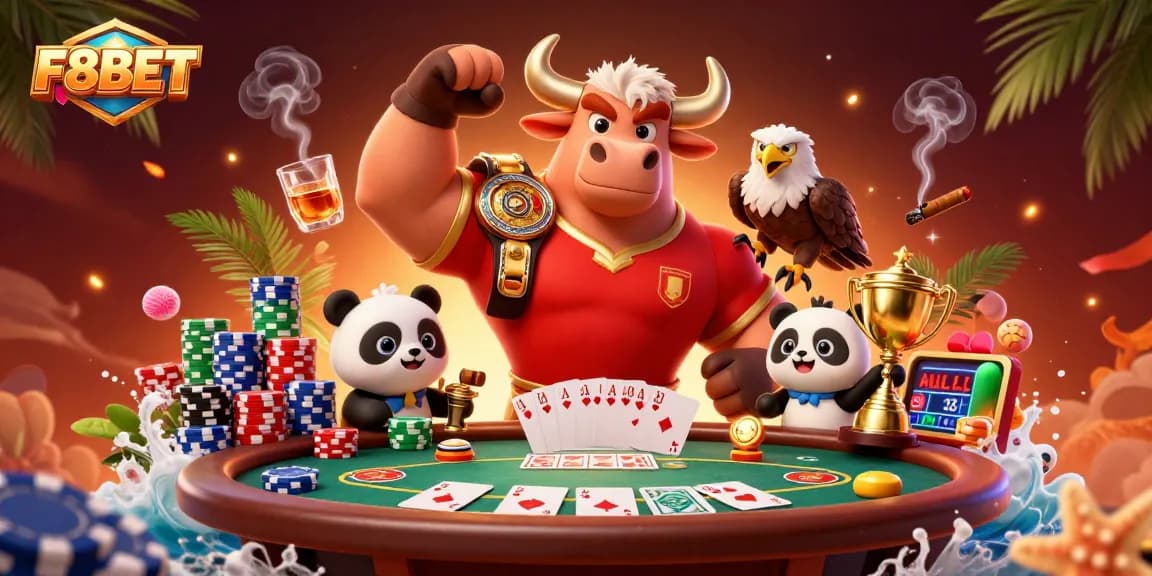 F8BET players celebrating a poker win with vibrant casino elements and cheerful mascots in a lively scene.