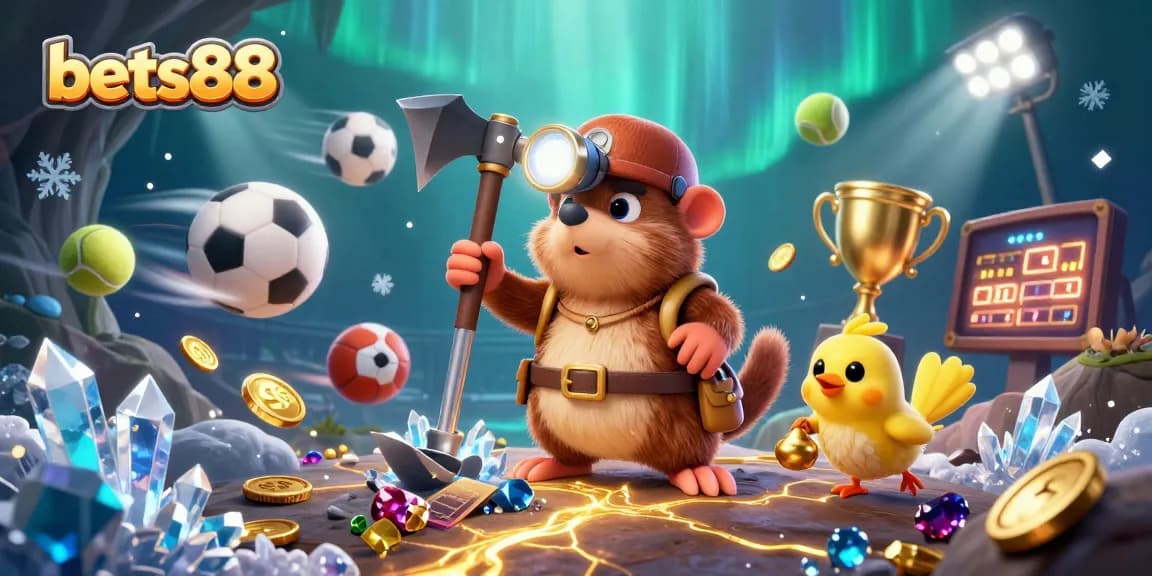 Experience the thrill of bets88 with vibrant sports elements and treasure hunting excitement in a lavish 3D scene.