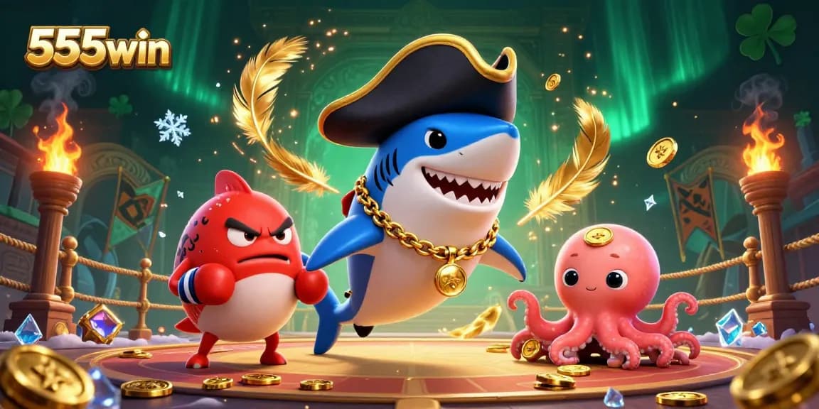 Win big with 555win in a dynamic casino scene featuring a pirate shark and colorful marine characters.
