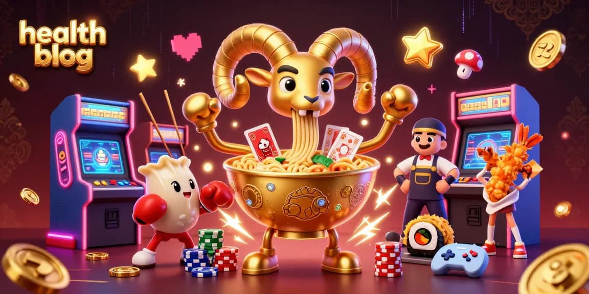 Engaging health blog illustration with a golden ramen bowl dealer amidst casino elements.