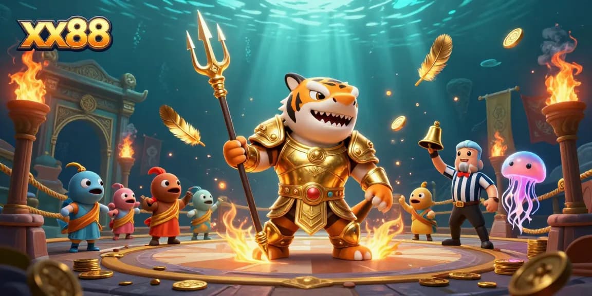 Experience the thrilling underwater arena of xx88 with a golden gladiator shark showcasing its courage and vibrant action.