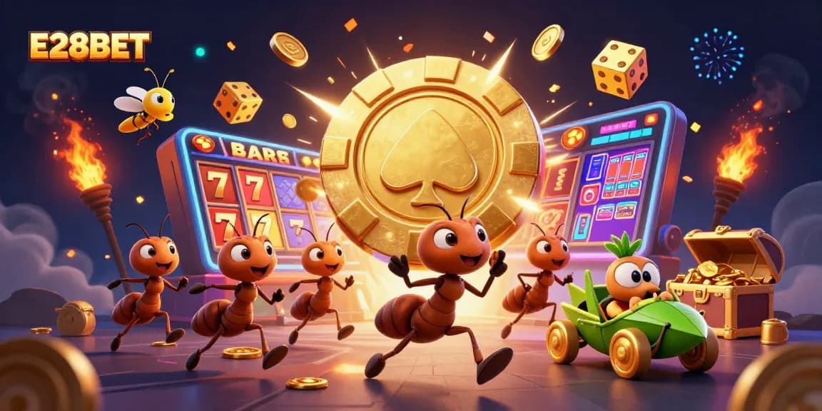 Join the E28BET heist with ants and golden poker chips amidst a vibrant slot machine explosion.