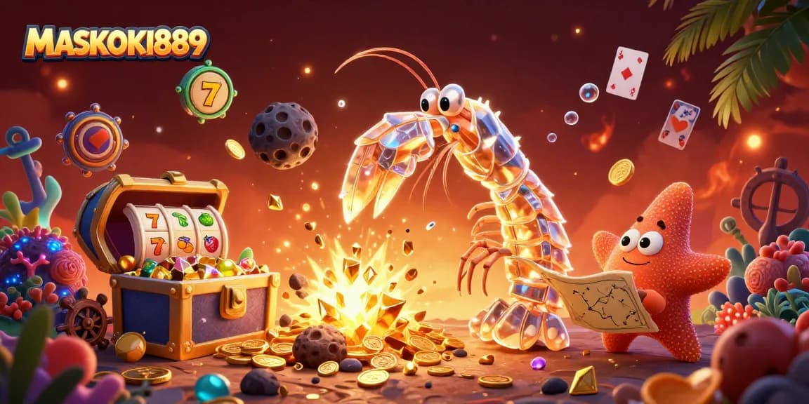 Engage with MASKOKI889's thrilling slot experience as animated characters celebrate a jackpot explosion.