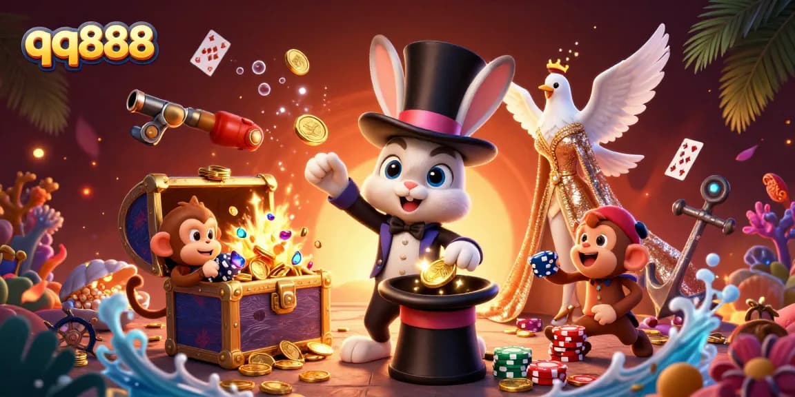 Experience the magic of qq888 as a magician rabbit conjures coins, a dove sparkles, and a monkey steals poker chips.