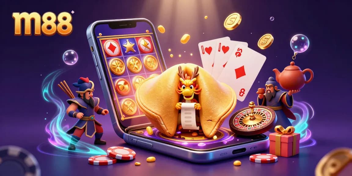 Experience the thrilling world of m88 with giant golden fortune cookie characters and dynamic gambling elements.