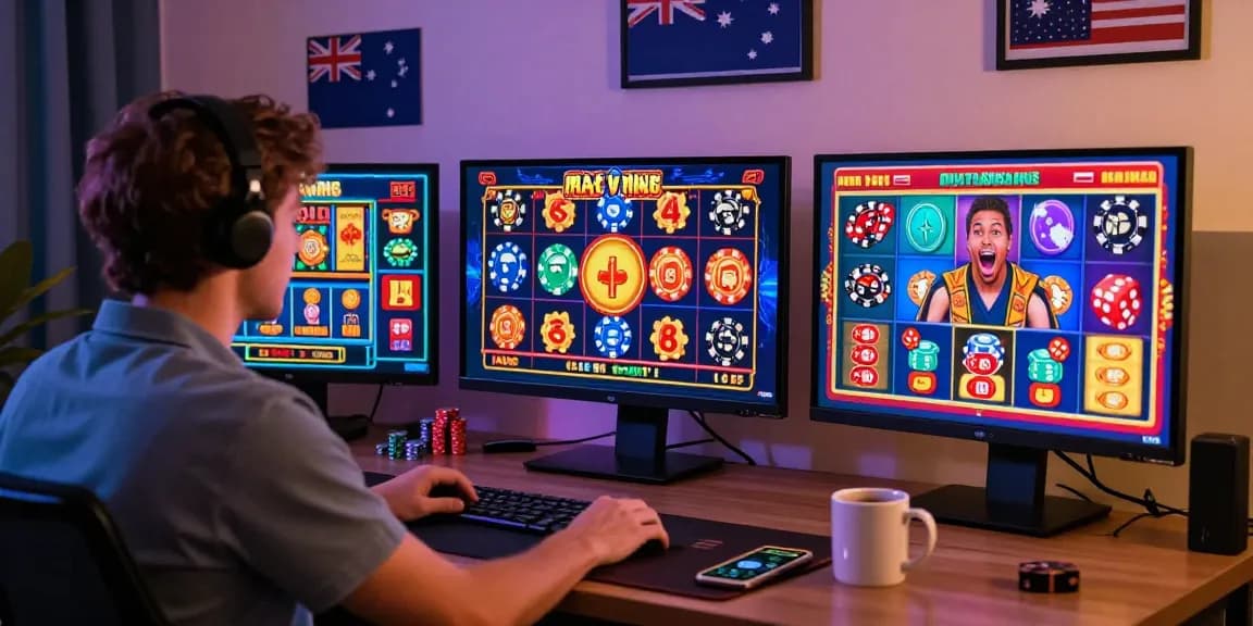Dynamic setup of online casinos Australia with a player enjoying pokies and table games in a cozy home office.