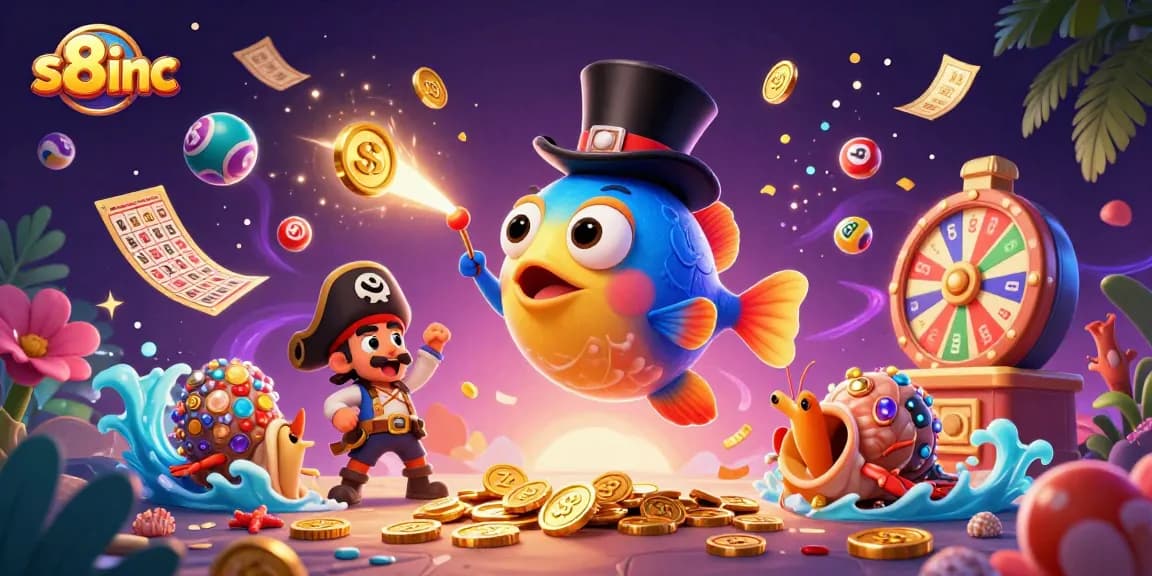Experience the thrill of winning at s8inc with dynamic lottery and casino elements surrounded by animated characters.