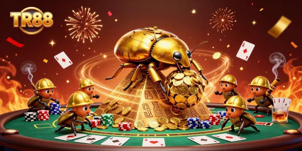 Experience the excitement of TR88 with golden beetles and poker elements rolling in a vibrant casino