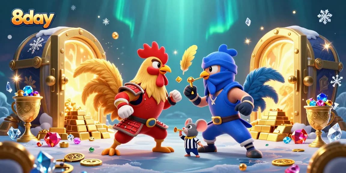 Engage in thrilling cockfighting action with 8day as chiming golden treasures burst forth!
