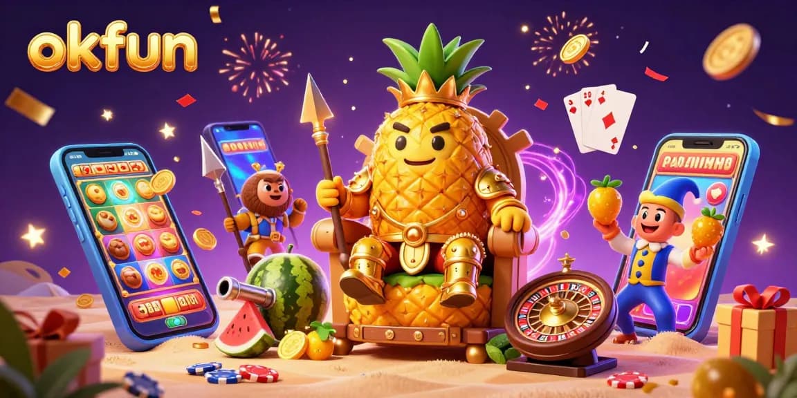 Engage with okfun's vibrant 3D casino illustration showcasing a golden pineapple king and casino games.