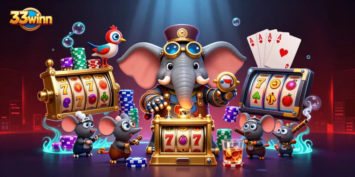 Play at 33winn with our innovative steampunk slot machine in a rich casino scene.
