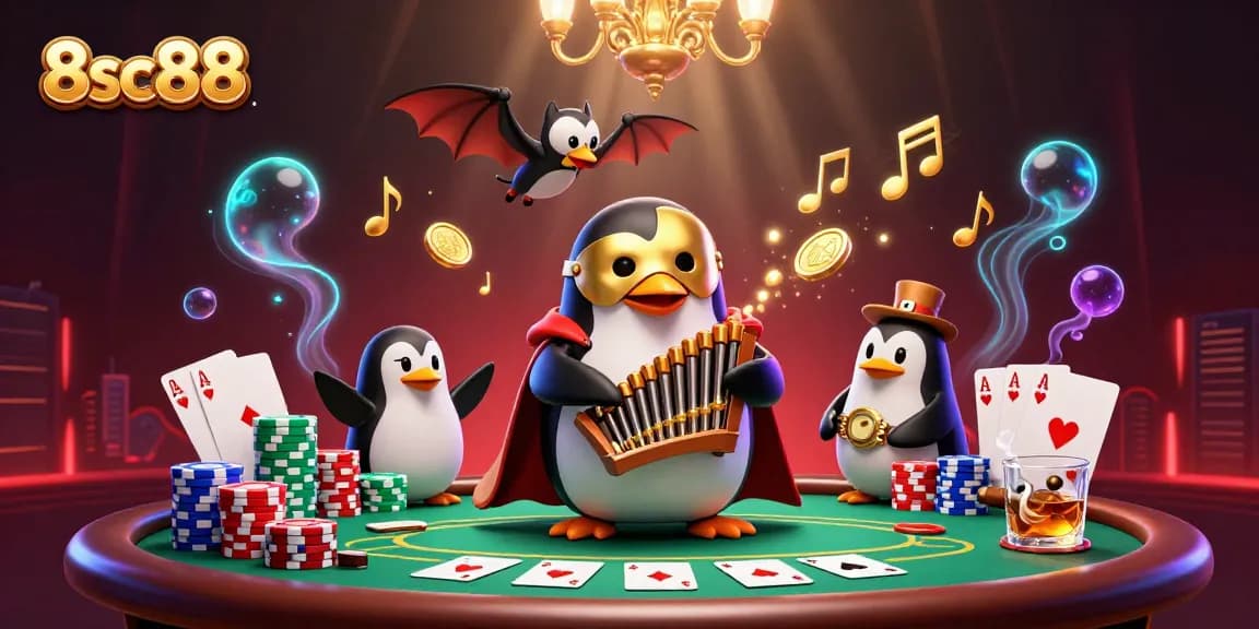 Engage with 8sc88, as a mystical penguin plays an organ shooting coins amidst a vibrant casino atmosphere.