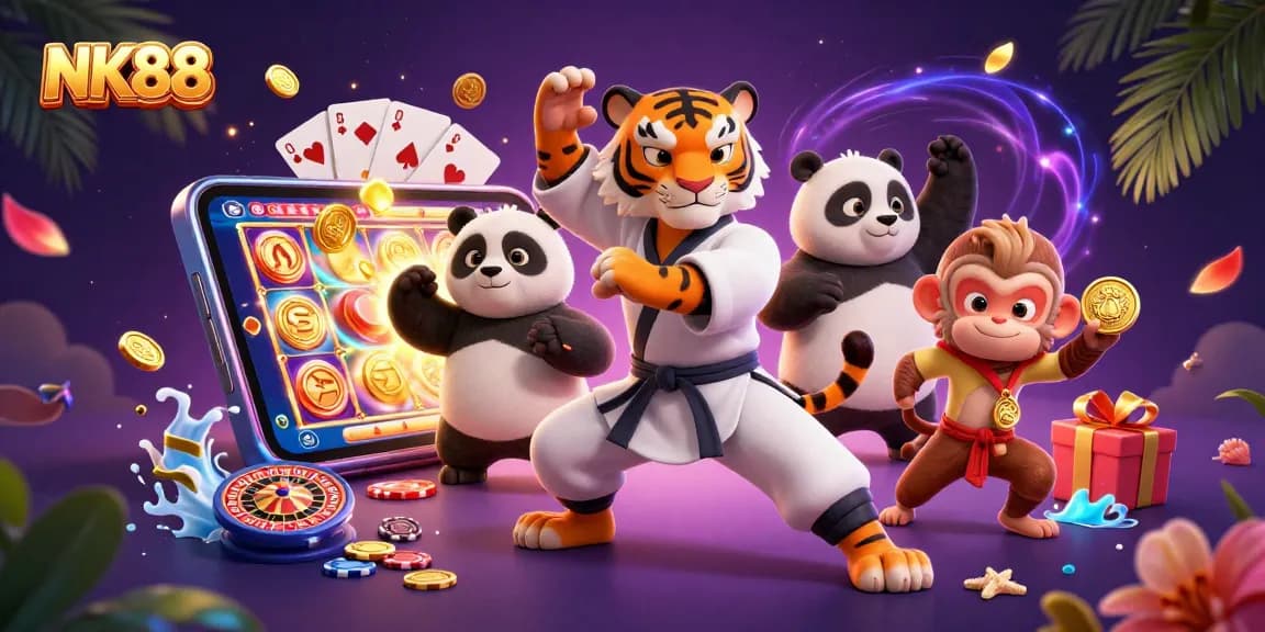 Engage with NK88's thrilling gaming experience featuring exciting characters and vibrant casino elements.