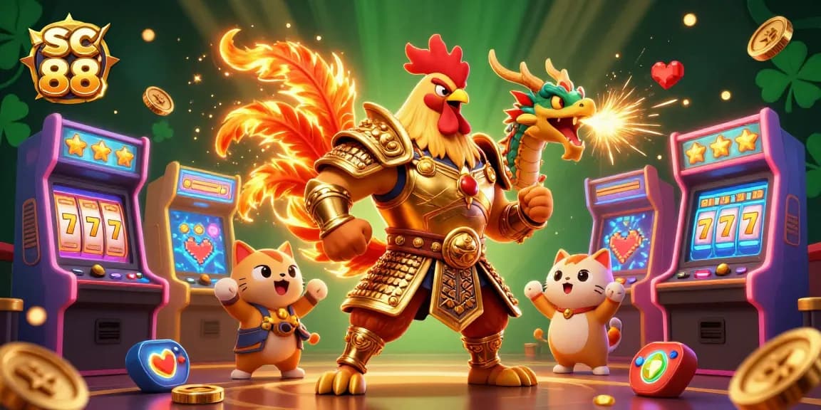 Experience thrilling gameplay with sc 88, featuring a dynamic rooster warrior and armored dragon in a vibrant casino scene.