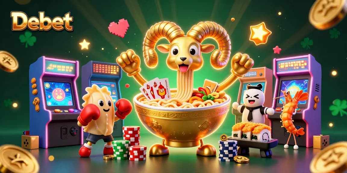 Engage in thrilling gameplay with Debet's vibrant casino scene featuring a giant ramen bowl and animated characters.
