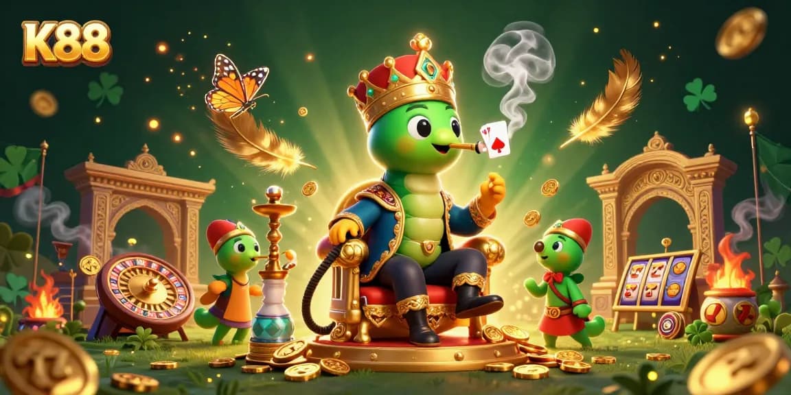 K88 showcases a dynamic casino scene with a vibrant caterpillar hookah-master, slot reels, and golden tokens.