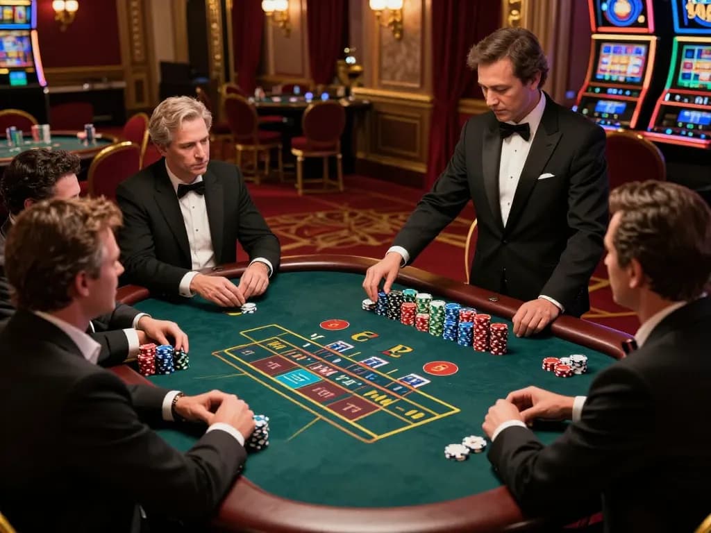 GG88 gamblers strategizing bets at an upscale blackjack table in a vibrant casino atmosphere