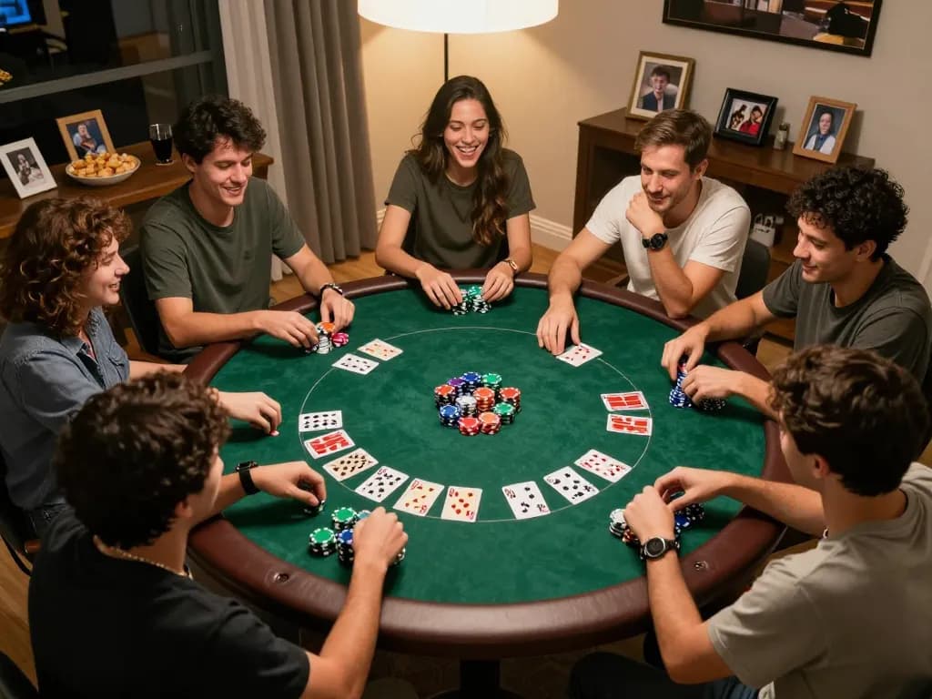 winwin players enjoying a lively poker game at home with colorful chips and cards visible