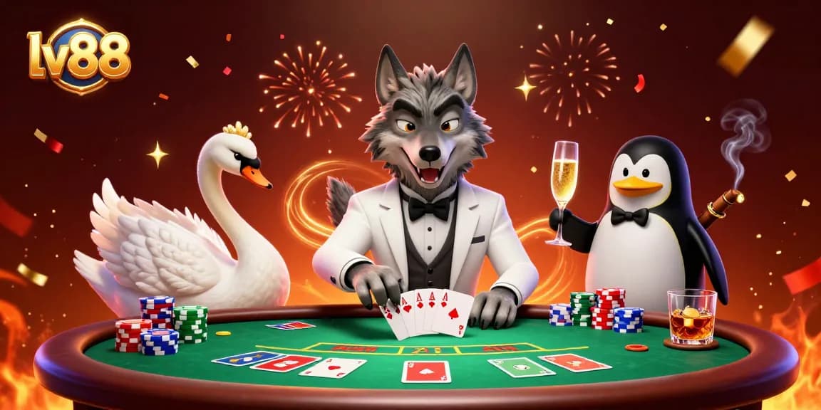 Experience thrilling gameplay at lv88 with an extravagant baccarat scene featuring charming characters and lavish casino elements.