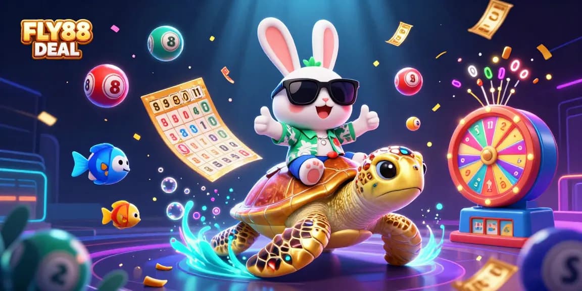 Experience the thrill of FLY88 DEAL with vibrant gaming visuals, including lucky rabbit and sea turtle in a lively scene.