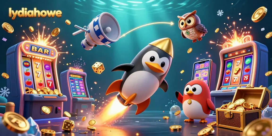 Lydiahowe presents a dazzling 3D scene of a golden penguin racing towards a casino, bursting with slots and treasures.