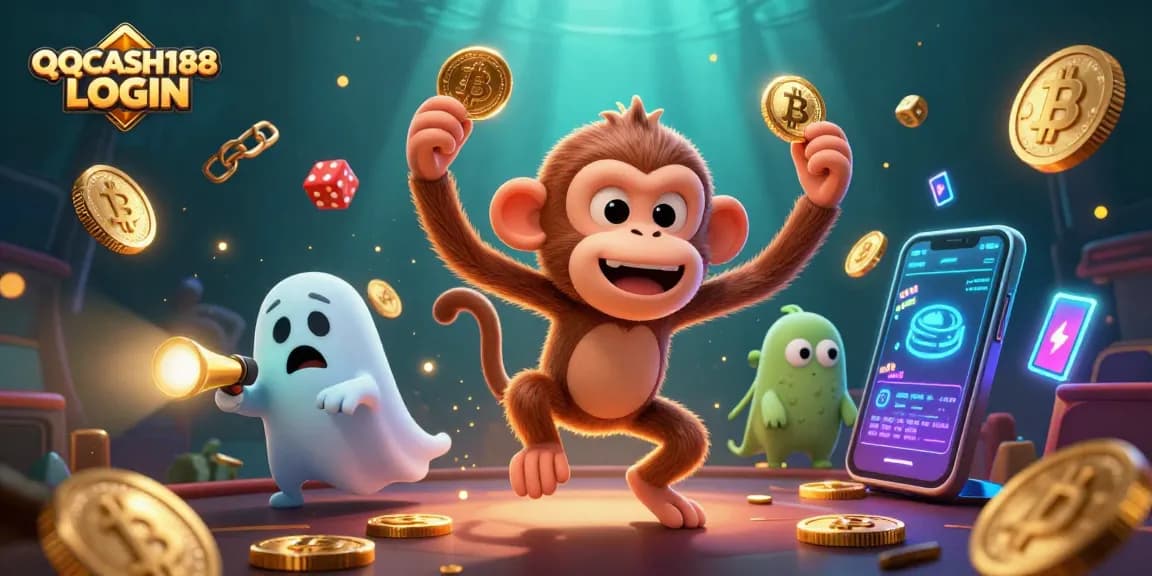 Engage with QQCASH188 LOGIN through a lively casino scene featuring a playful poltergeist monkey and a ghost-hunter puppy.