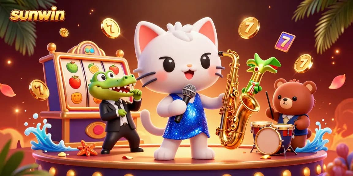 Sunwin casino stage scene with jazzy characters and dynamic slot gameplay elements.